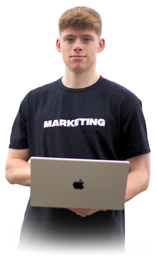 RJ Sebek standing with laptop RJ Sebek Marketing
